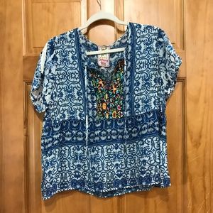 Johnny Was Blue and White Blouse